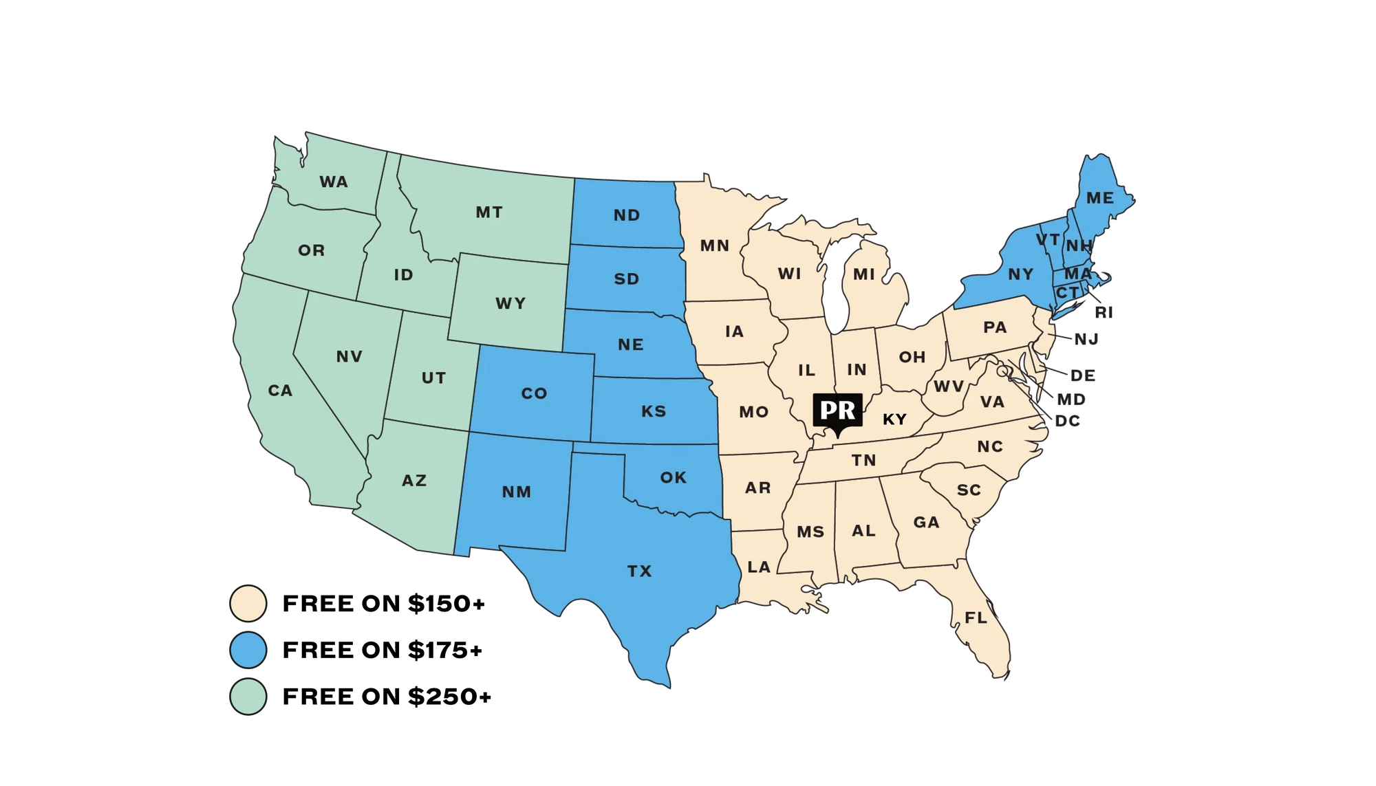 Map of the United States showing the free shipping tier by state